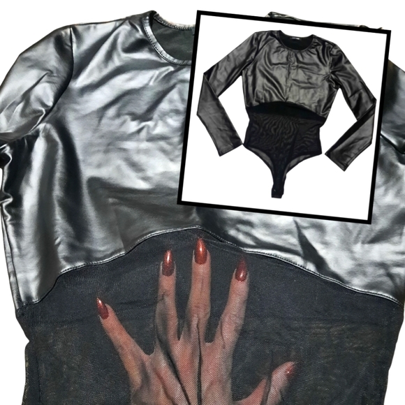 Fashion Nova Tops - Faux Leather & Mesh Bodysuit